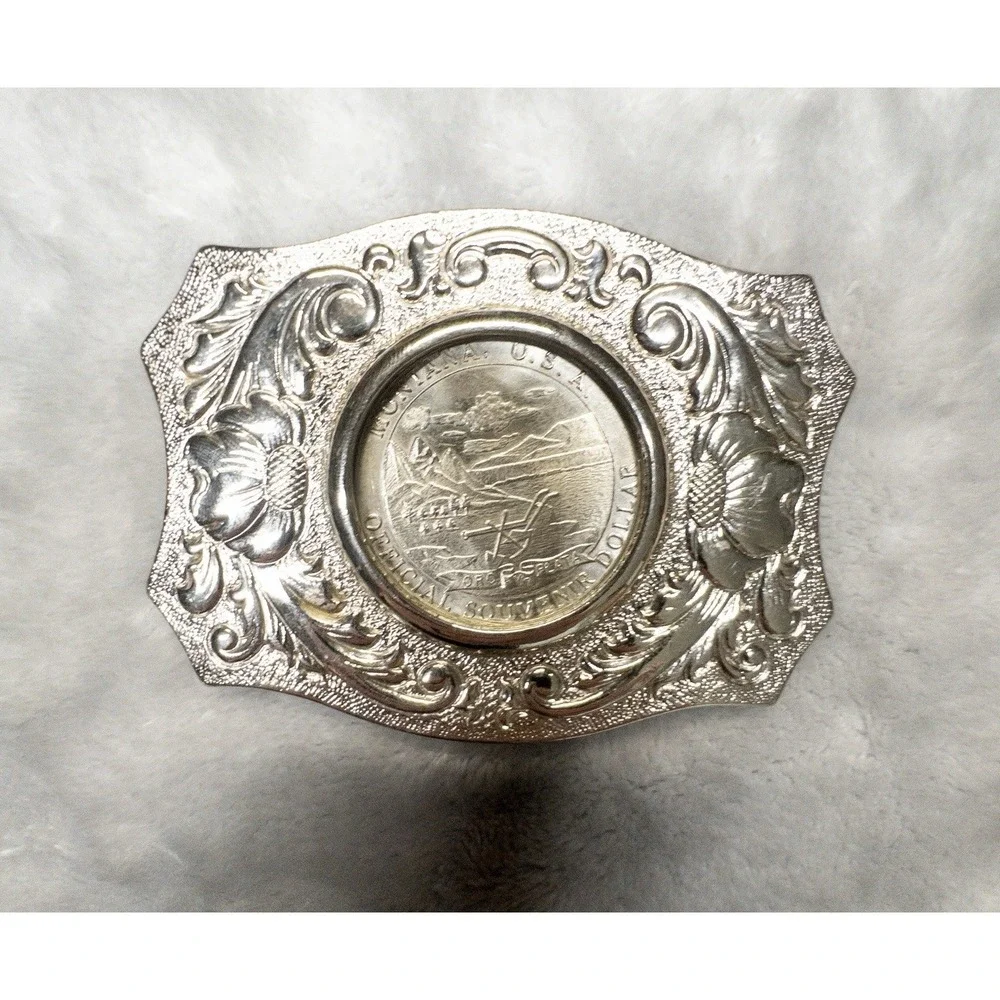 Silver Western Belt Buckle With Montana State Anniversary Dollar Coin